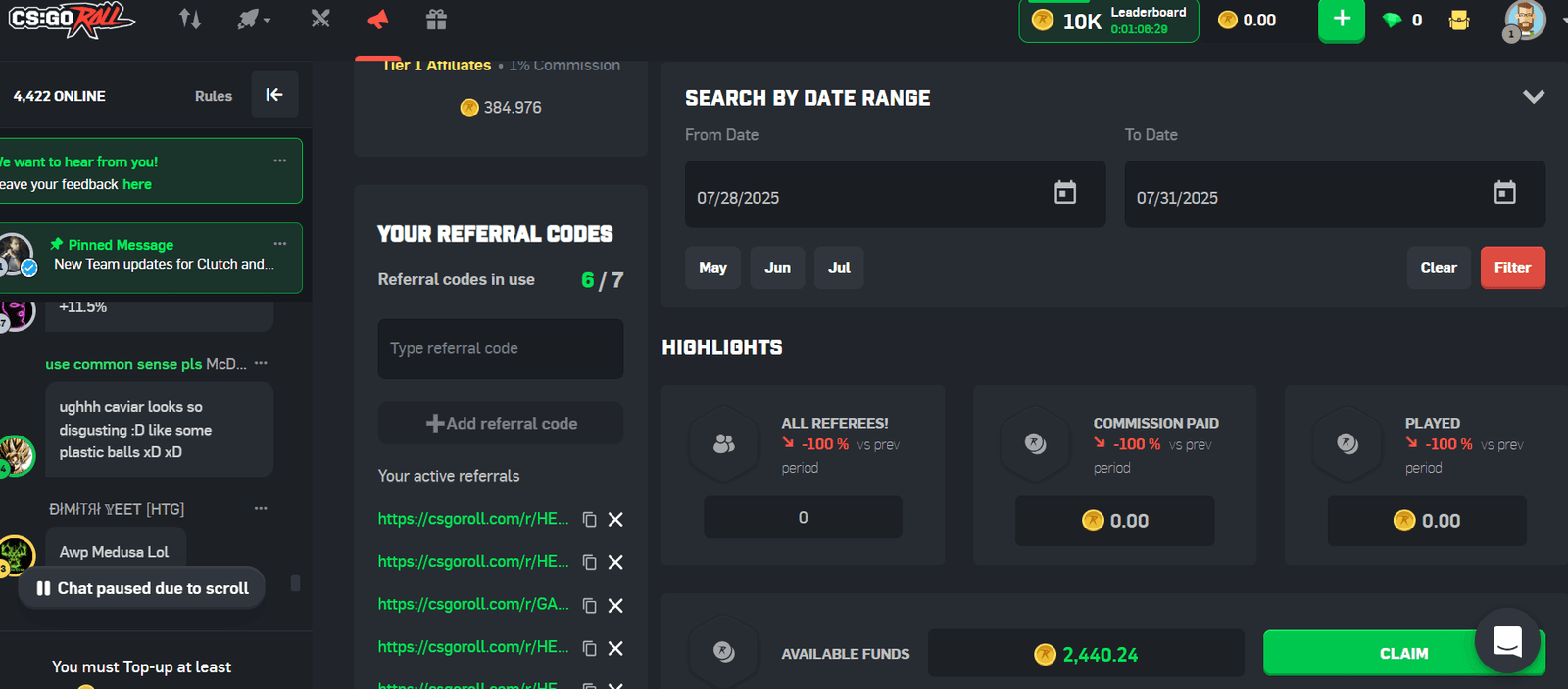 CSGORoll Affiliate Dashboard Preview
